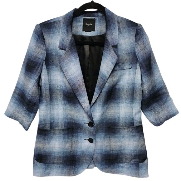 Smythe Blazer 100% Linen Shadow Plaid Tartan Blue Black Half Sleeve Pockets - Picture 2 of 16